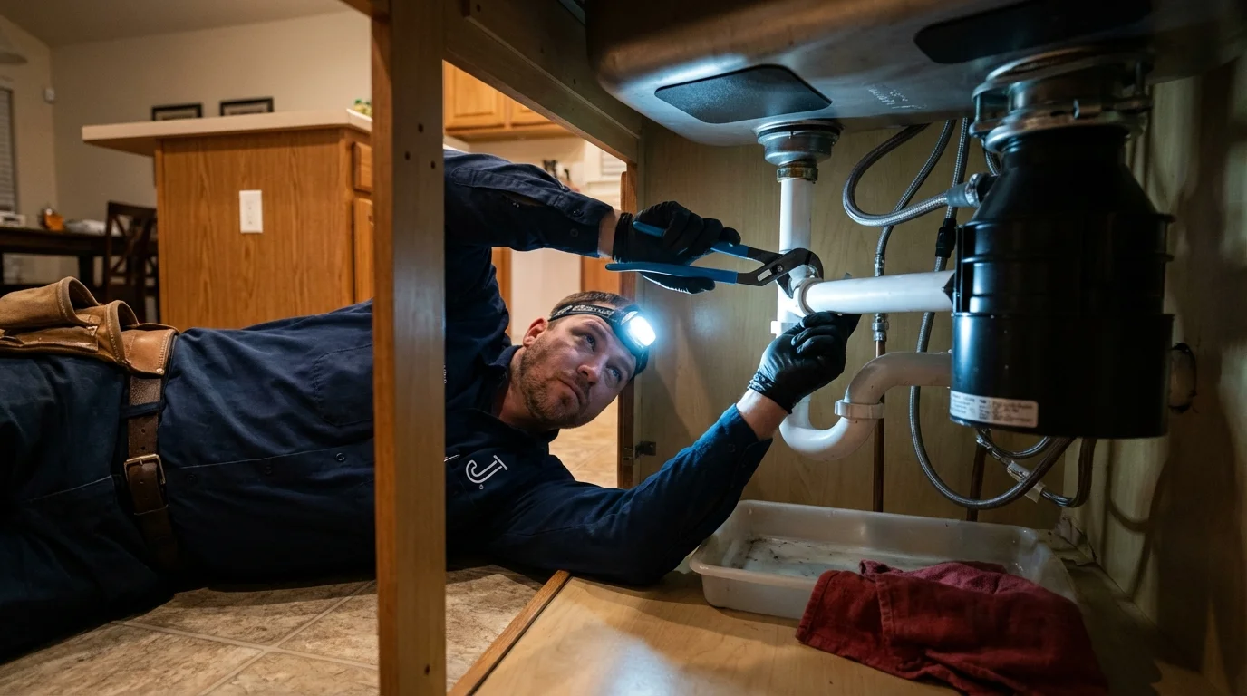 P-trap and supply line connections under a kitchen sink showing a common leak point in Homosassa, FL